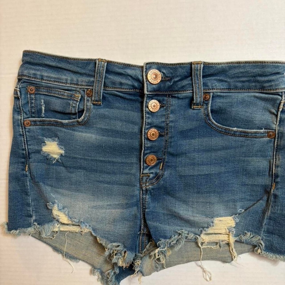 American Eagle Hi-Rise Shortie Denim Shorts Button Fly Distressed‎ Blue Size 4